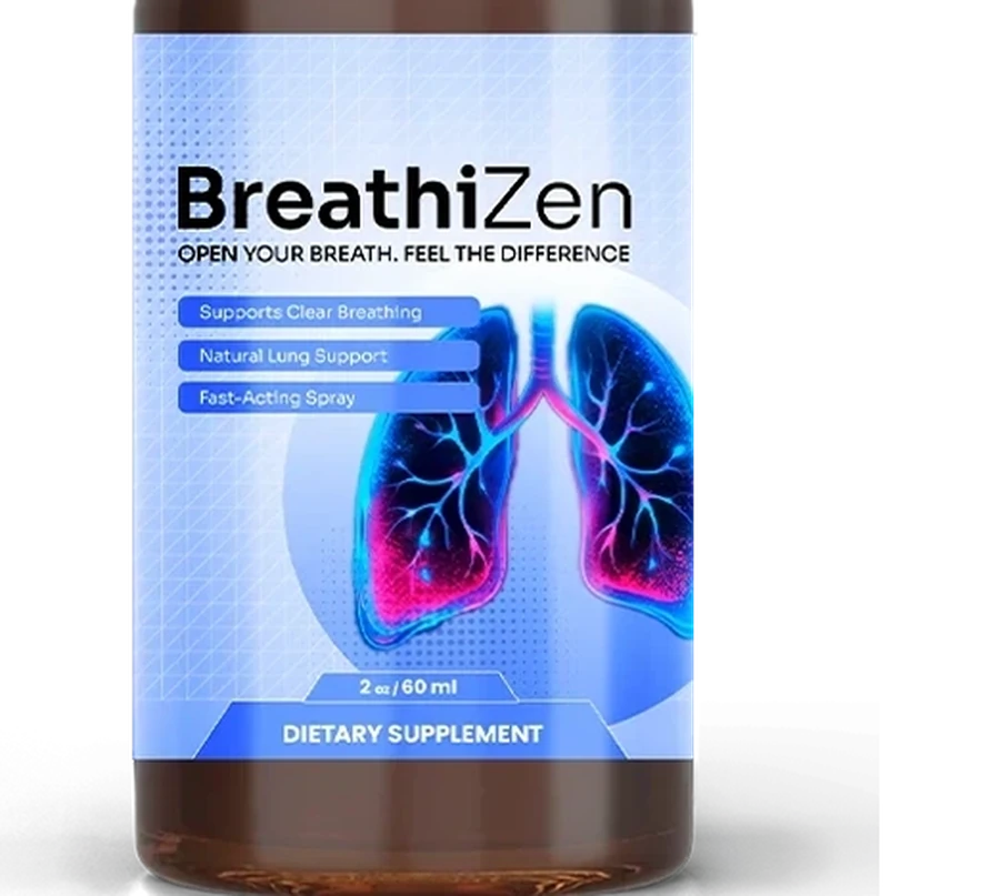 Close-up of the BreathiZen front label showing the three printed claims and the 2 oz 60 ml size